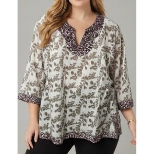 Elementz Woman 3X Cotton Linen Tunic Blouse Abstract Print Beaded Neck